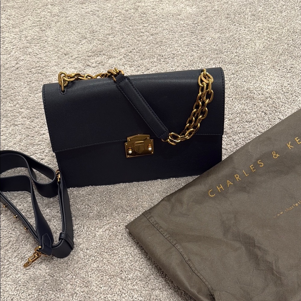 Charles & Keith Gold and Blue Shoulder Bag with Chain Strap